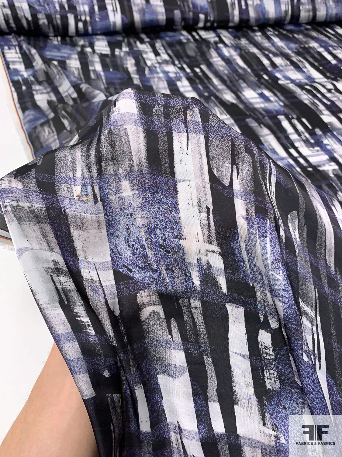 Abstract Strokes Printed Lightweight Polyester Charmeuse - Violet / Black / White