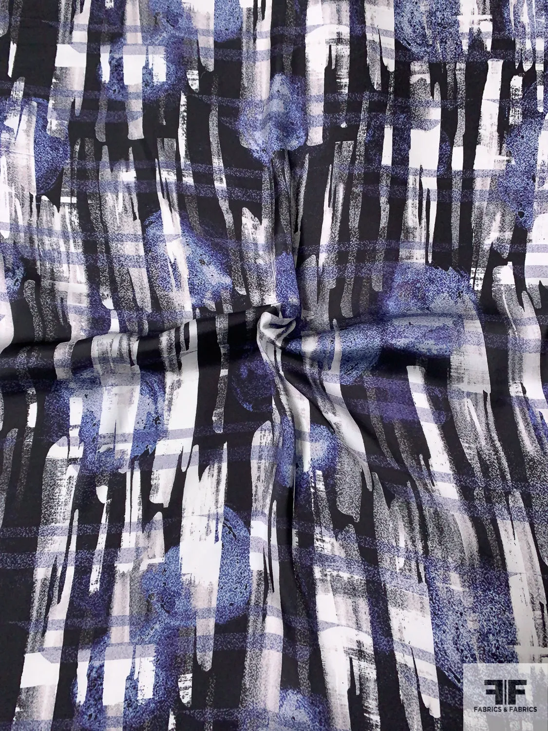Abstract Strokes Printed Lightweight Polyester Charmeuse - Violet / Black / White