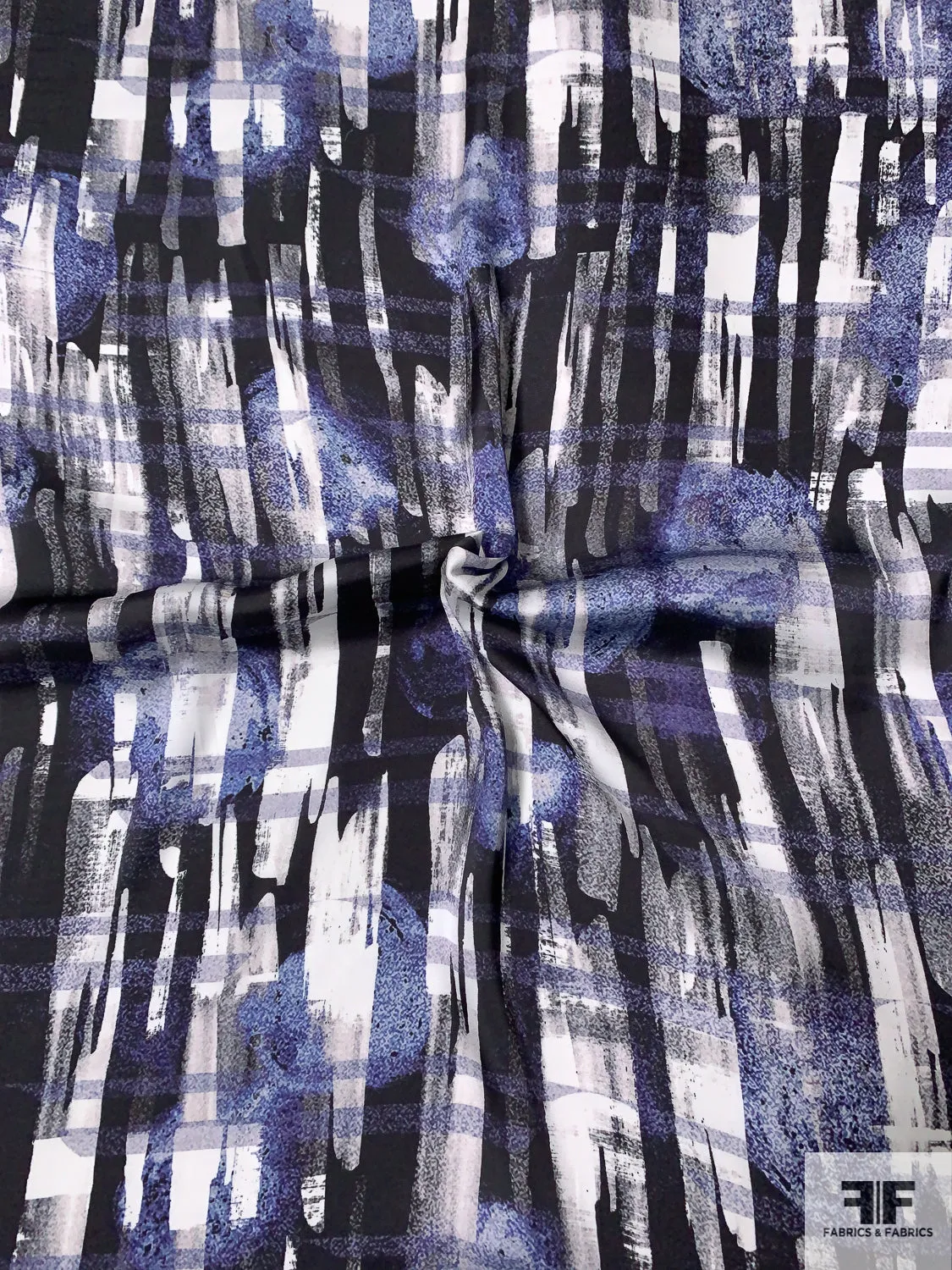 Abstract Strokes Printed Lightweight Polyester Charmeuse - Violet / Black / White