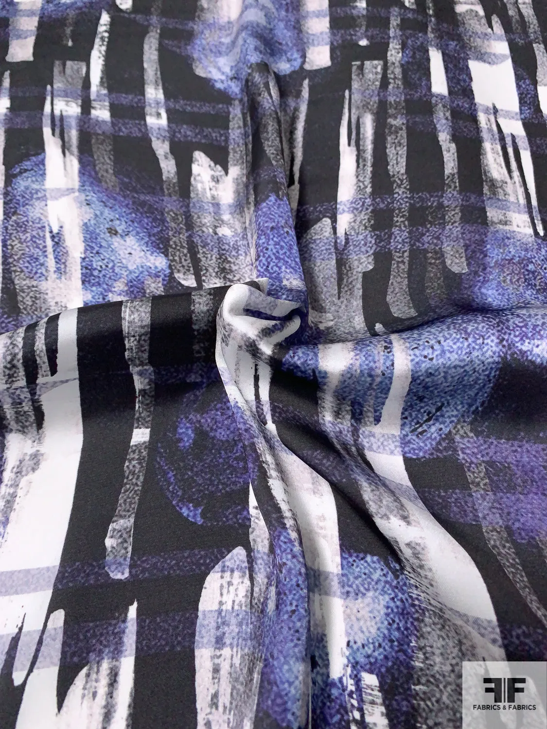 Abstract Strokes Printed Lightweight Polyester Charmeuse - Violet / Black / White