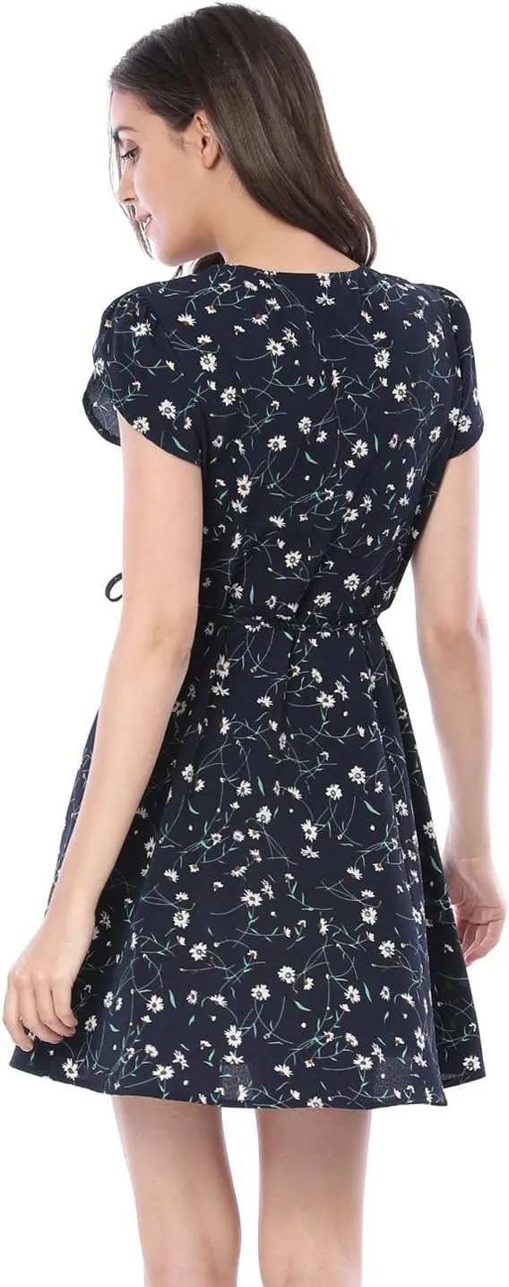 Allegra K Women's Boho Crossover V Neck Petal Sleeves Belted Floral Flowy Dress