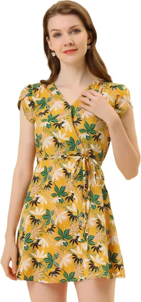 Allegra K Women's Boho Crossover V Neck Petal Sleeves Belted Floral Flowy Dress