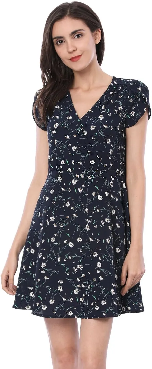 Allegra K Women's Boho Crossover V Neck Petal Sleeves Belted Floral Flowy Dress
