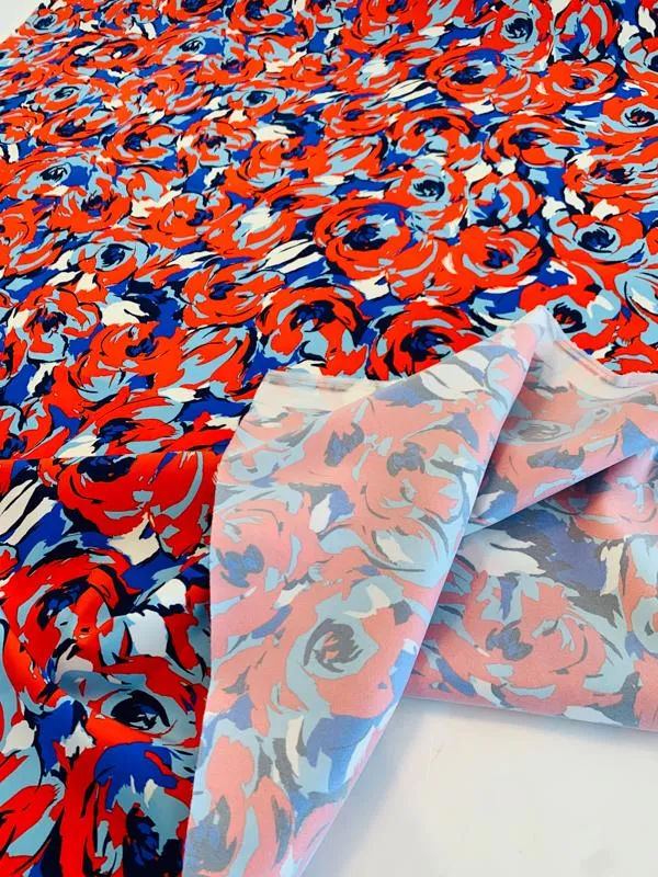 Art Collector Floral Printed Fused Silk Charmeuse - Vibrant Red / Sky Blue / Navy / White