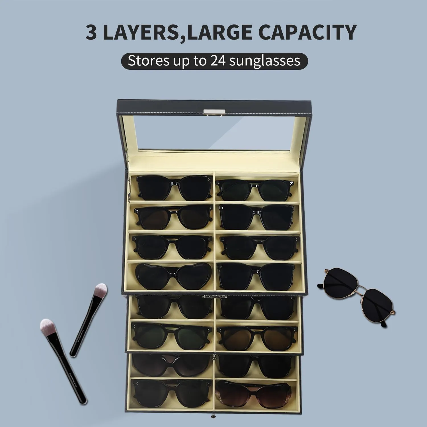 AUTOARK Leather 24 Piece Eyeglasses Storage and Sunglass Glasses Display Drawer Lockable Case Organizer,Black,AW-095