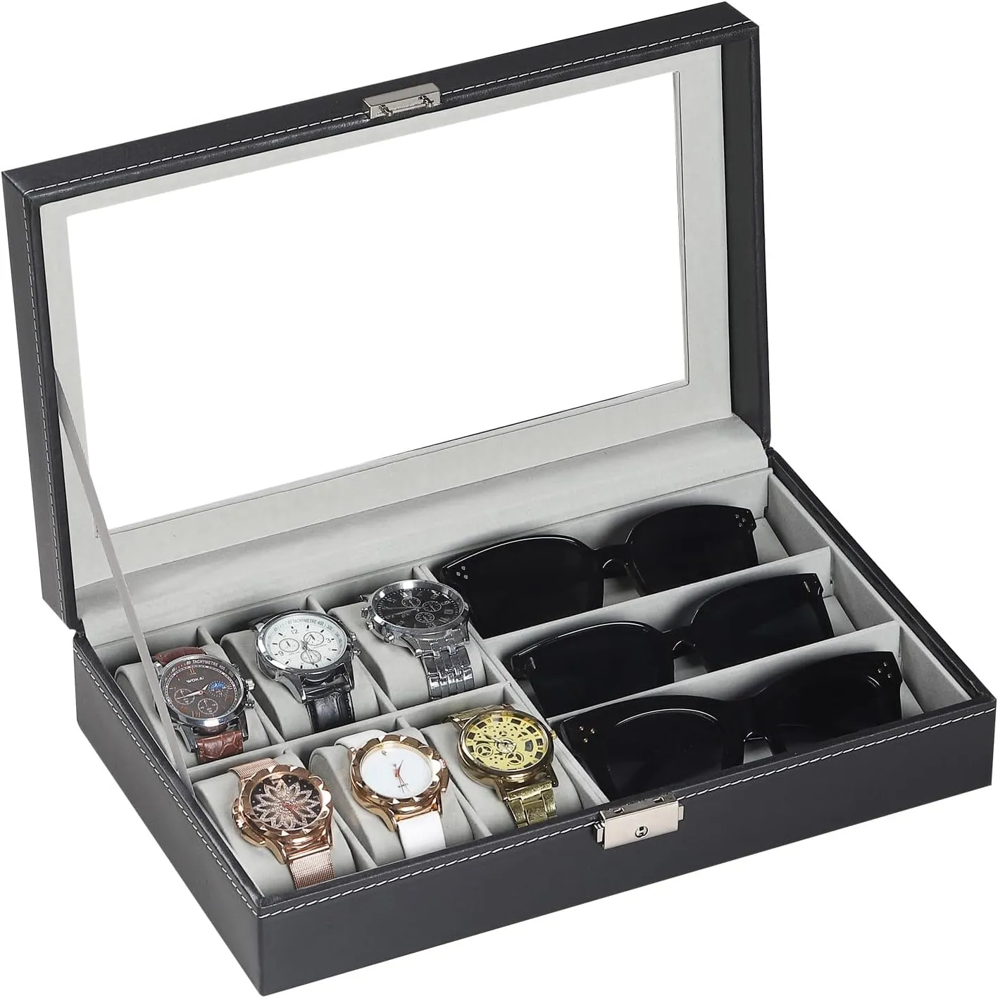 AUTOARK Leather 6 Watch and 3 Eyeglasses&Sunglasses Box with Jewelry Display Case Organizer,Mens Women Storage Holder Boxes,Glass Top,Black,AW-004