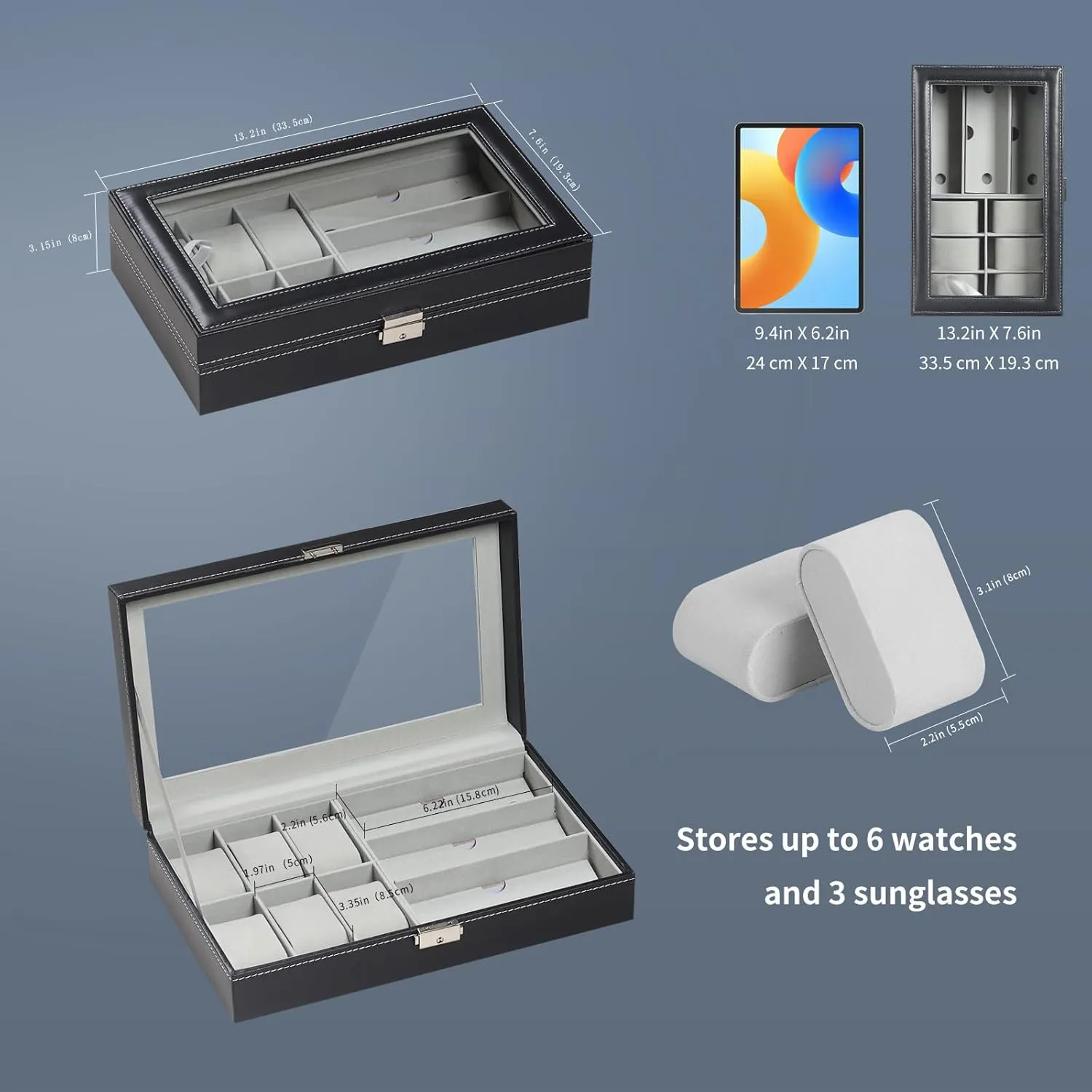 AUTOARK Leather 6 Watch and 3 Eyeglasses&Sunglasses Box with Jewelry Display Case Organizer,Mens Women Storage Holder Boxes,Glass Top,Black,AW-004