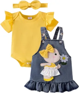 Baby Girl Clothes Newborn Baby Girl Romper Ruffle Short Sleeve Cute Bear Cartoon Jeans Skirt Outfit Set 0-18 Months