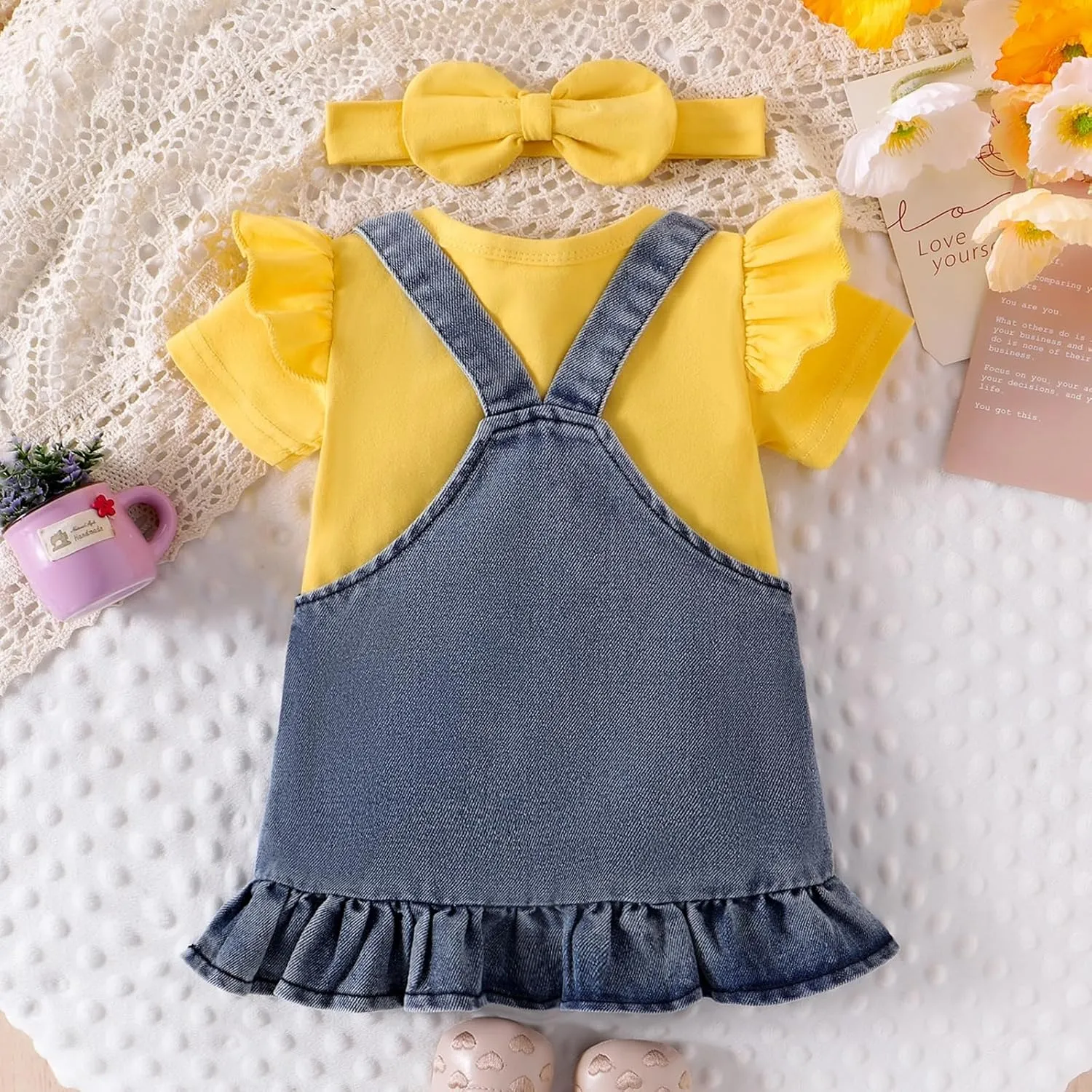Baby Girl Clothes Newborn Baby Girl Romper Ruffle Short Sleeve Cute Bear Cartoon Jeans Skirt Outfit Set 0-18 Months