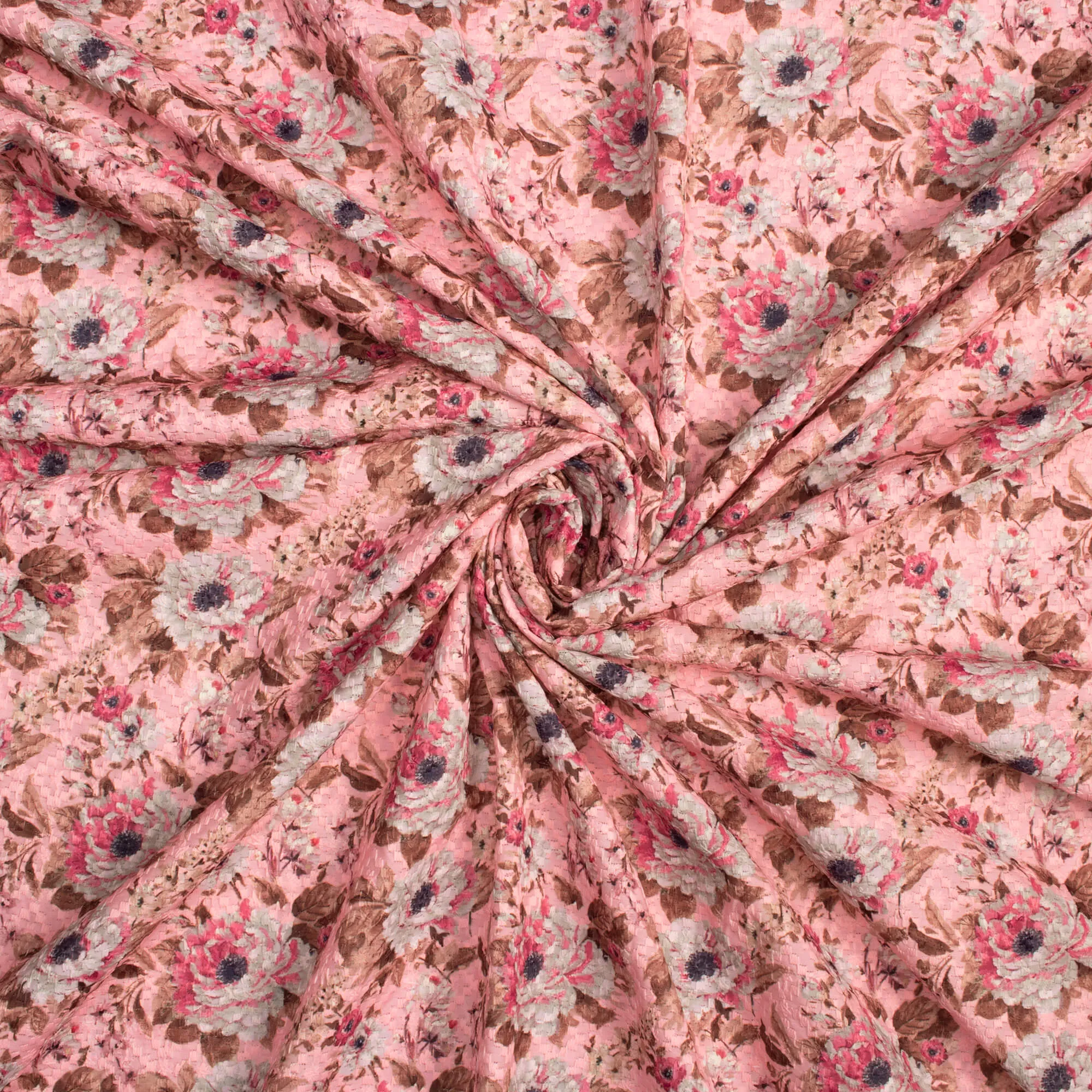 Baby Pink And Off White Floral Pattern Embroidery Digital Print Poly Muslin Fabric (Width 54 Inches)