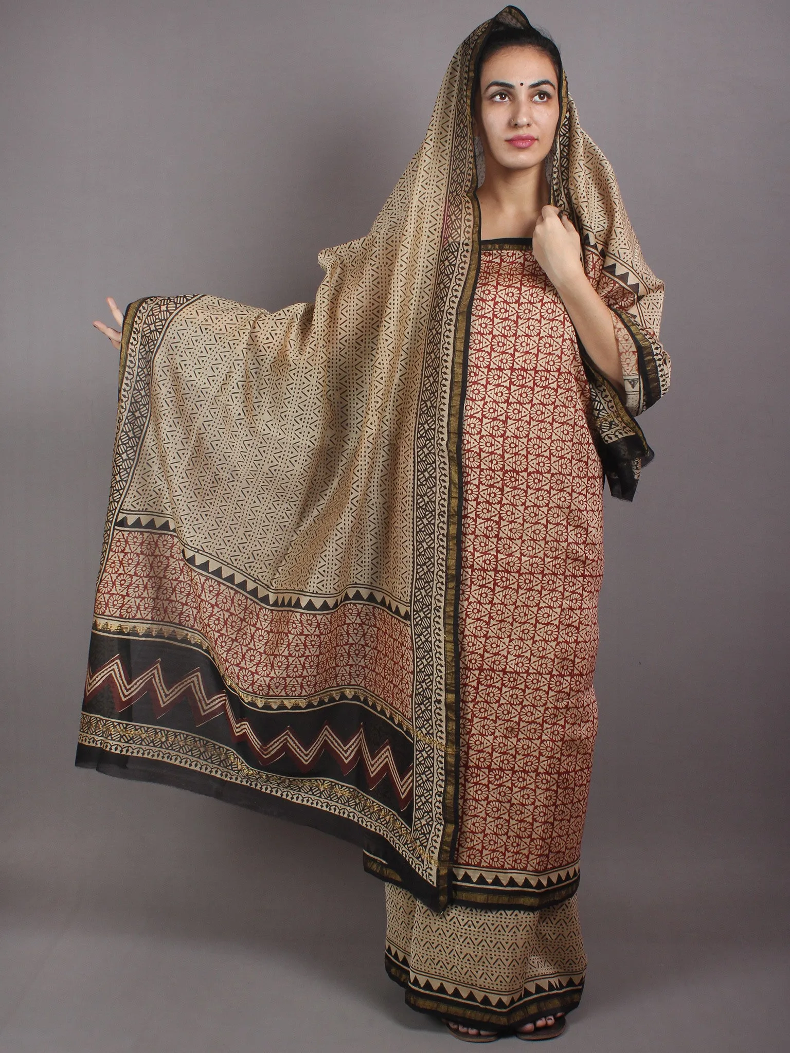 Beige Black Red Hand Block Printed Chanderi Kurta-Salwar Fabric With Chanderi Dupatta - S1628026