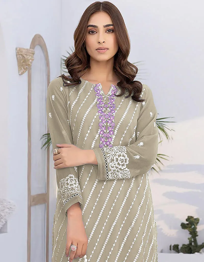 Beige Faux Georgette Pant Straight