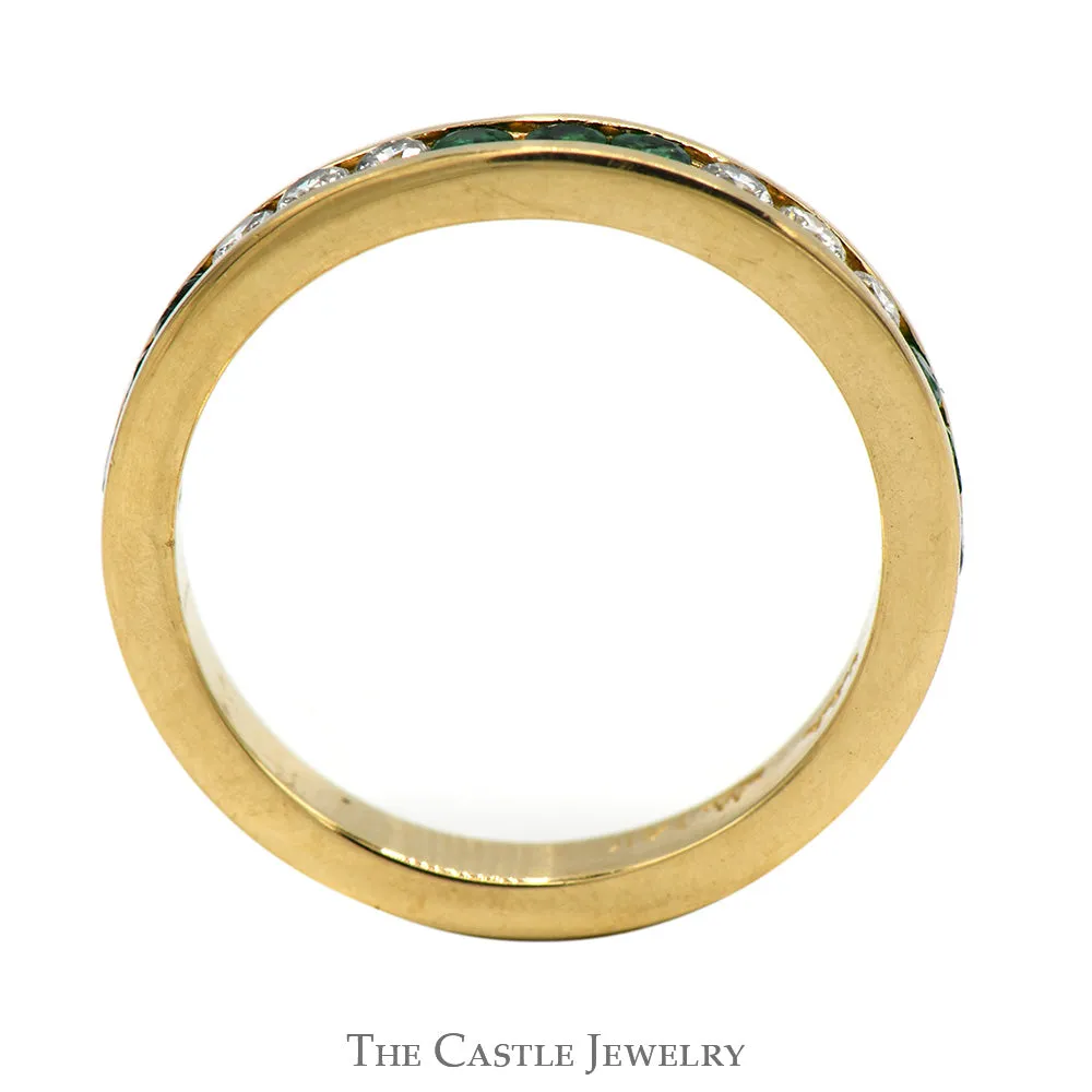 Channel Set Emerald and Diamond Band in 14k Yellow Gold