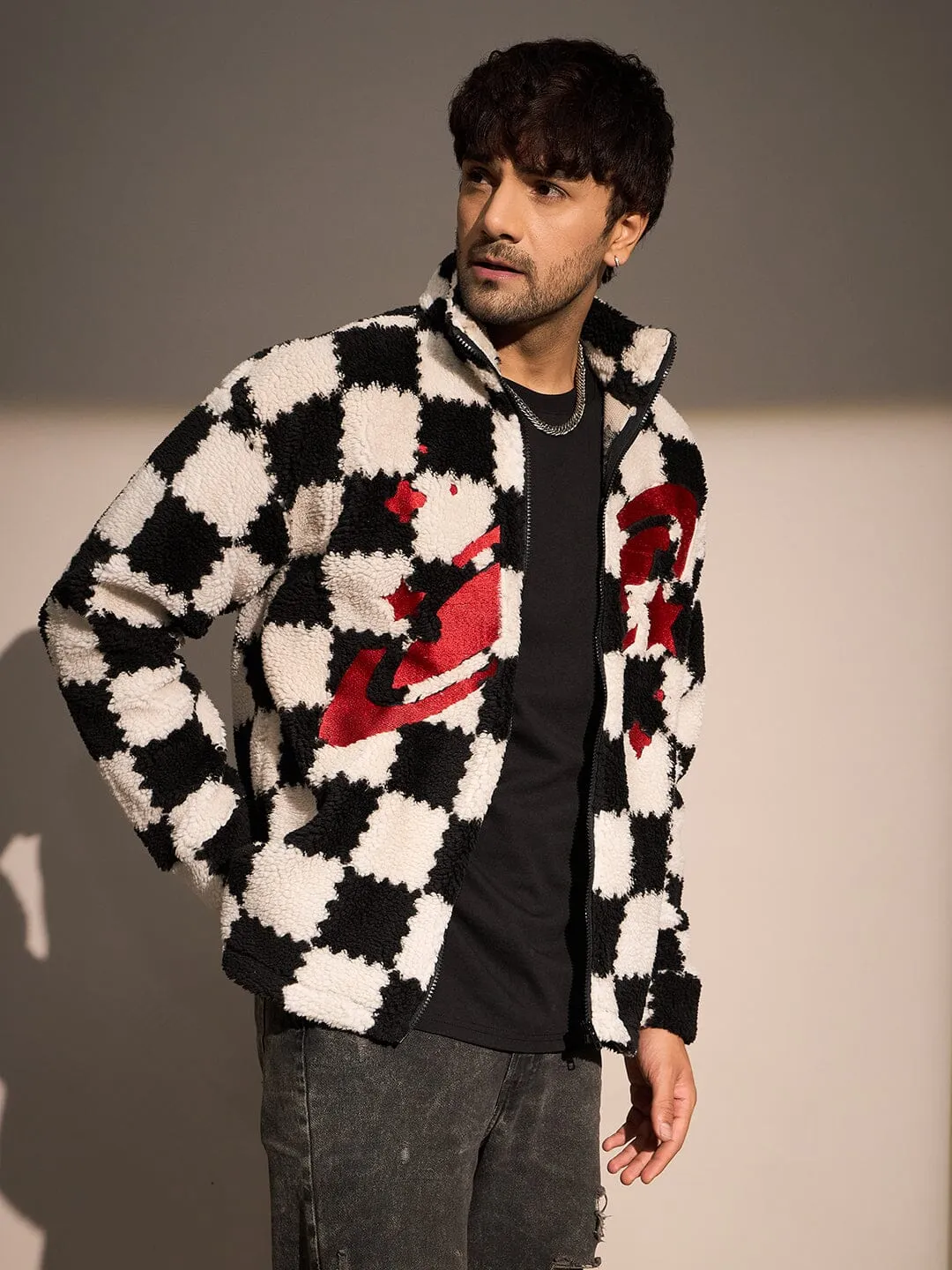 Checkered Fur Embroidery Jacket