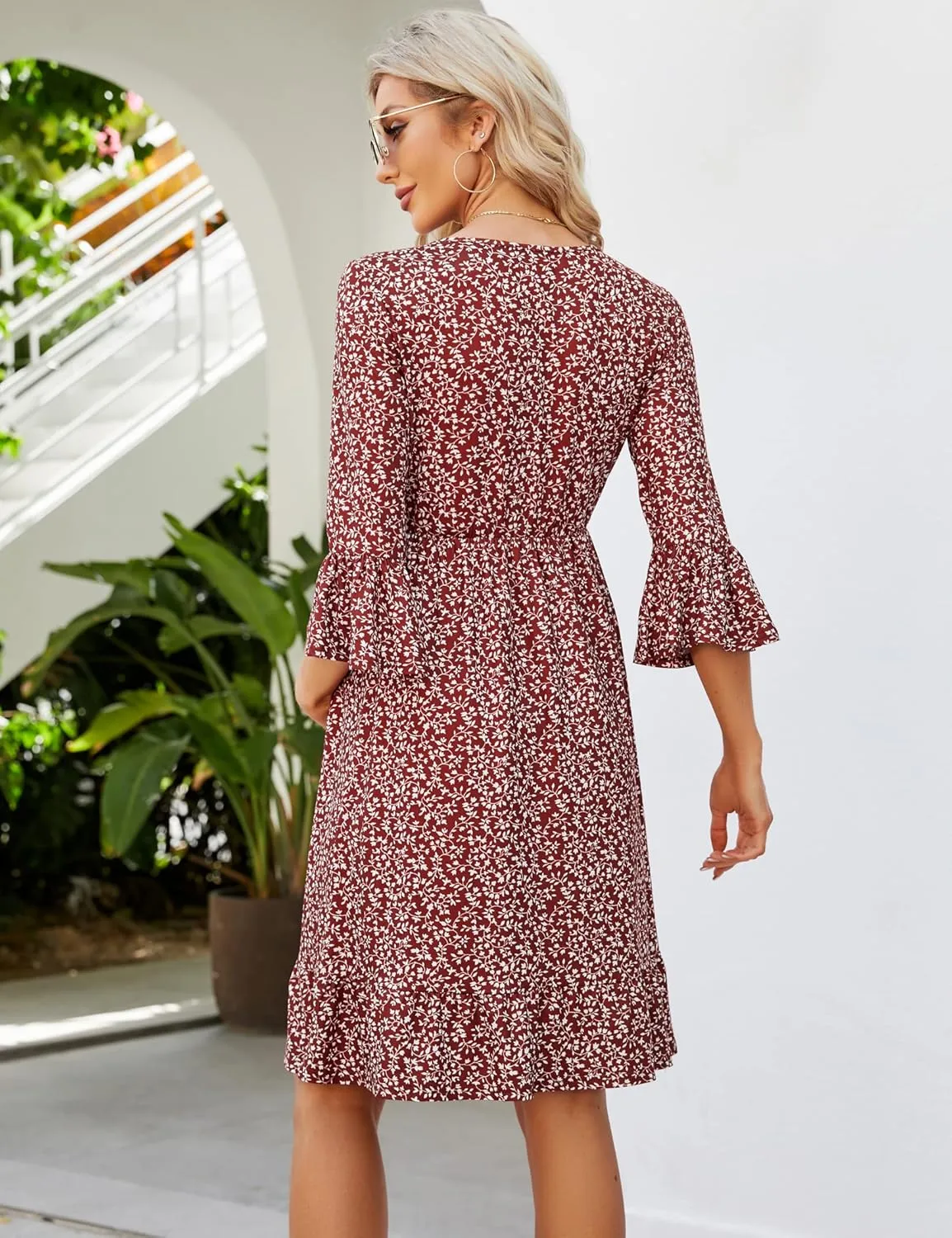Coolmee Women's Maternity Short Sleeve Ruffle Dress V Neck Summer Casual Smocked Flowy Midi Dress for Baby Shower Photoshoot
