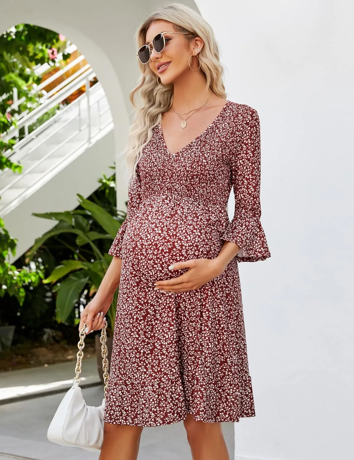Coolmee Women's Maternity Short Sleeve Ruffle Dress V Neck Summer Casual Smocked Flowy Midi Dress for Baby Shower Photoshoot