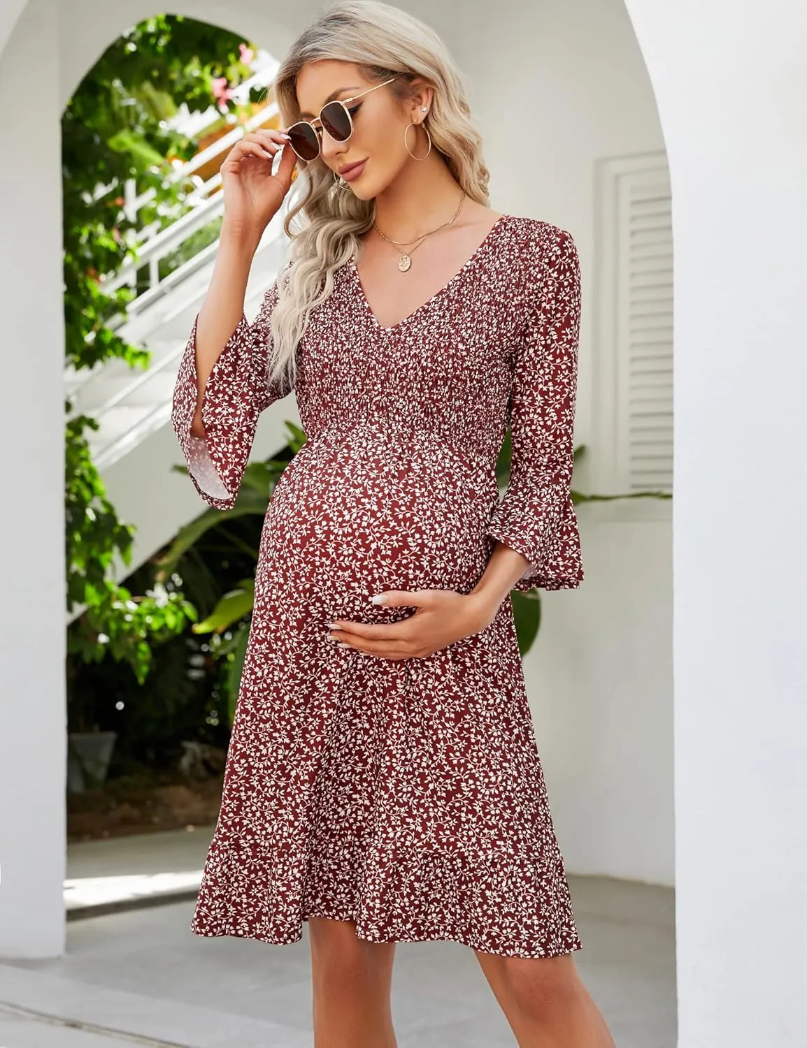 Coolmee Women's Maternity Short Sleeve Ruffle Dress V Neck Summer Casual Smocked Flowy Midi Dress for Baby Shower Photoshoot