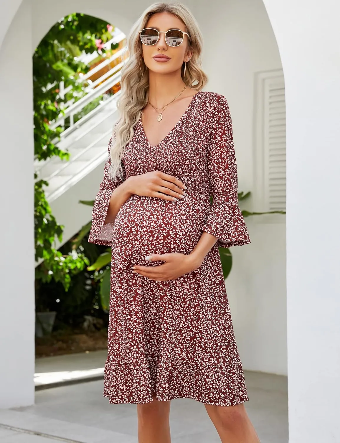 Coolmee Women's Maternity Short Sleeve Ruffle Dress V Neck Summer Casual Smocked Flowy Midi Dress for Baby Shower Photoshoot