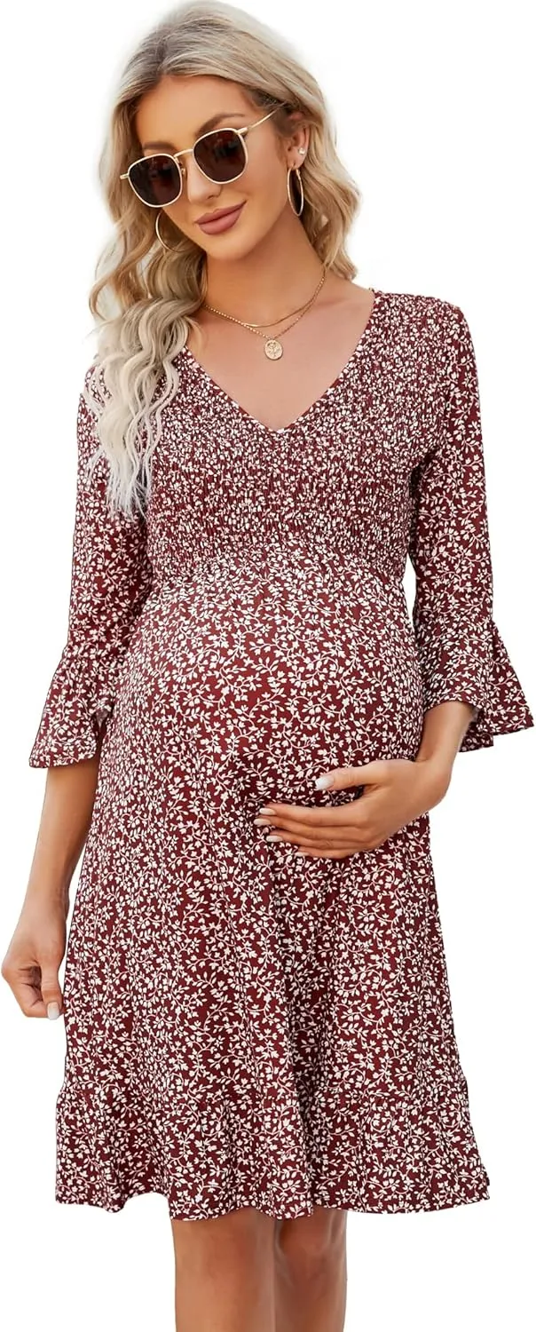 Coolmee Women's Maternity Short Sleeve Ruffle Dress V Neck Summer Casual Smocked Flowy Midi Dress for Baby Shower Photoshoot