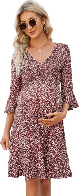Coolmee Women's Maternity Short Sleeve Ruffle Dress V Neck Summer Casual Smocked Flowy Midi Dress for Baby Shower Photoshoot