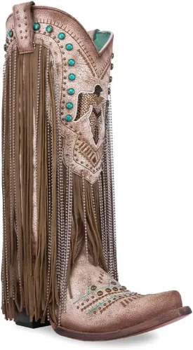 CORRAL LADIE'S BEIGE EMBROIDERY & CRYSTALS EAGLE & LAMB FRINGES, CORRAL LARGE 52.0 X 32.0 X 11.5 SOLE,COWHIDE/LAMB LEATHER, WESTERN BOOT, C4088