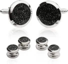 Cuff-Daddy Men's Black Diamond Dust Tuxedo Cuff Links and Studs Set with Presentation Jewelry Idea Box - 7/8" cufflinks, 3/8" studs - Business Attire Cufflinks & Shirt Accessories Special