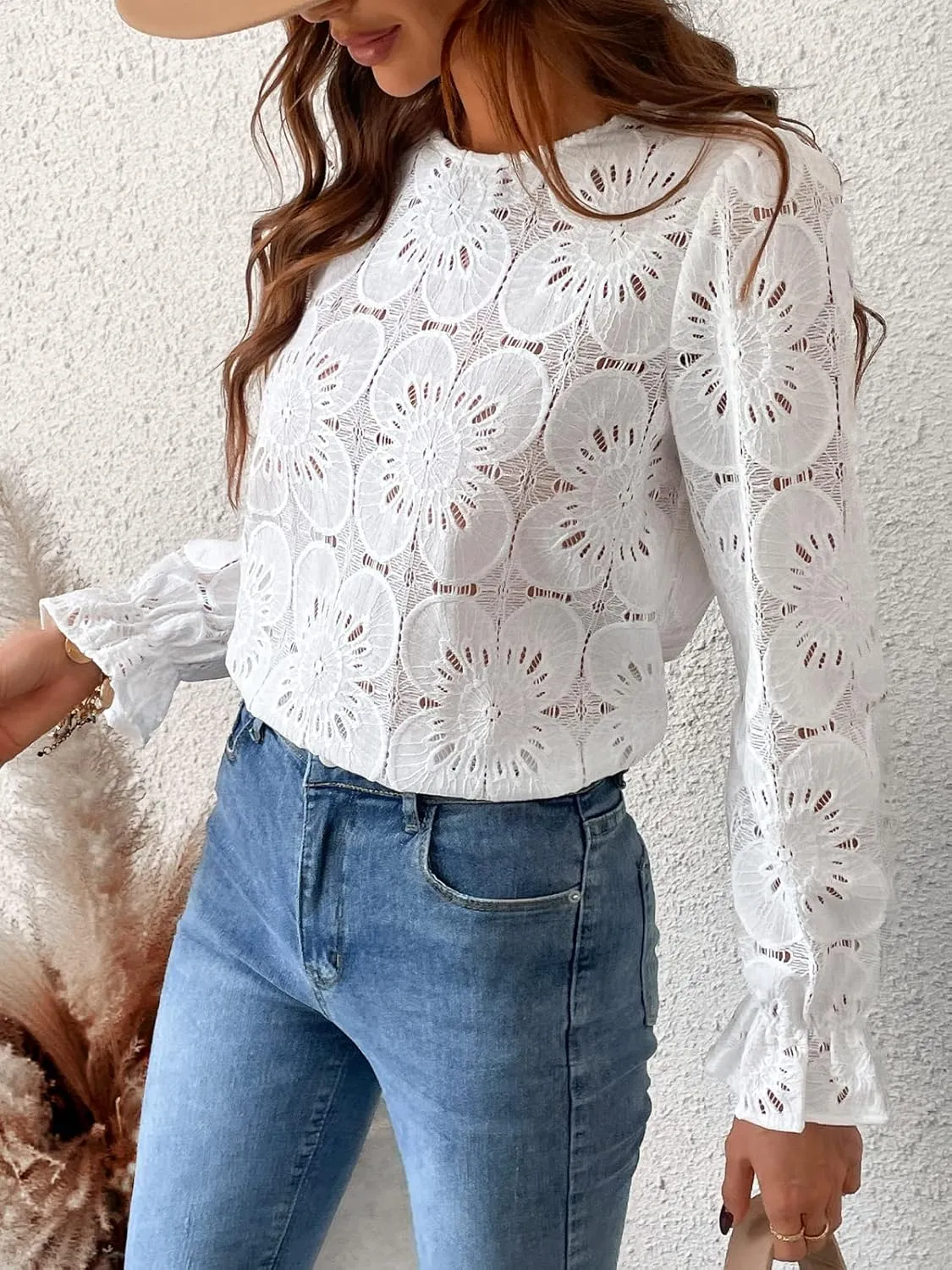 CUPSHE Women Eyelet Long Sleeve Tops Shirts Dressy Hollow Out Crochet Lace Embroidered Blouses 2025 Fashion