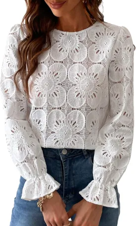 CUPSHE Women Eyelet Long Sleeve Tops Shirts Dressy Hollow Out Crochet Lace Embroidered Blouses 2025 Fashion