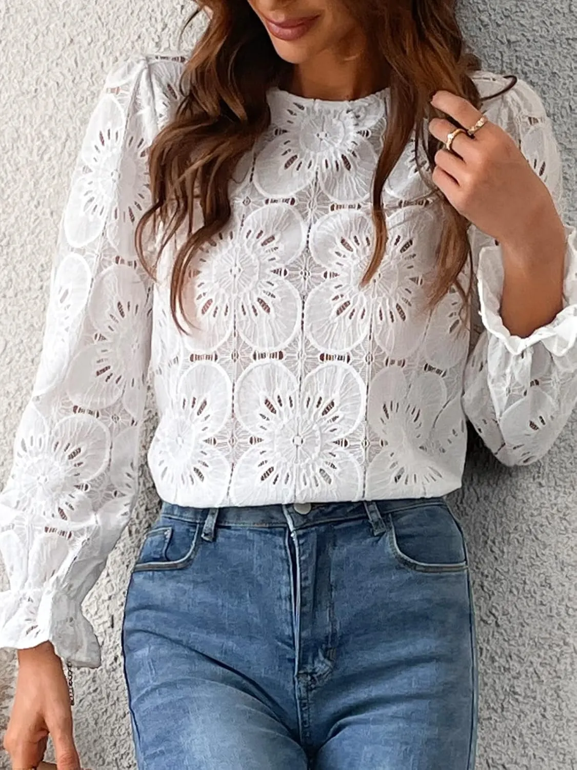CUPSHE Women Eyelet Long Sleeve Tops Shirts Dressy Hollow Out Crochet Lace Embroidered Blouses 2025 Fashion