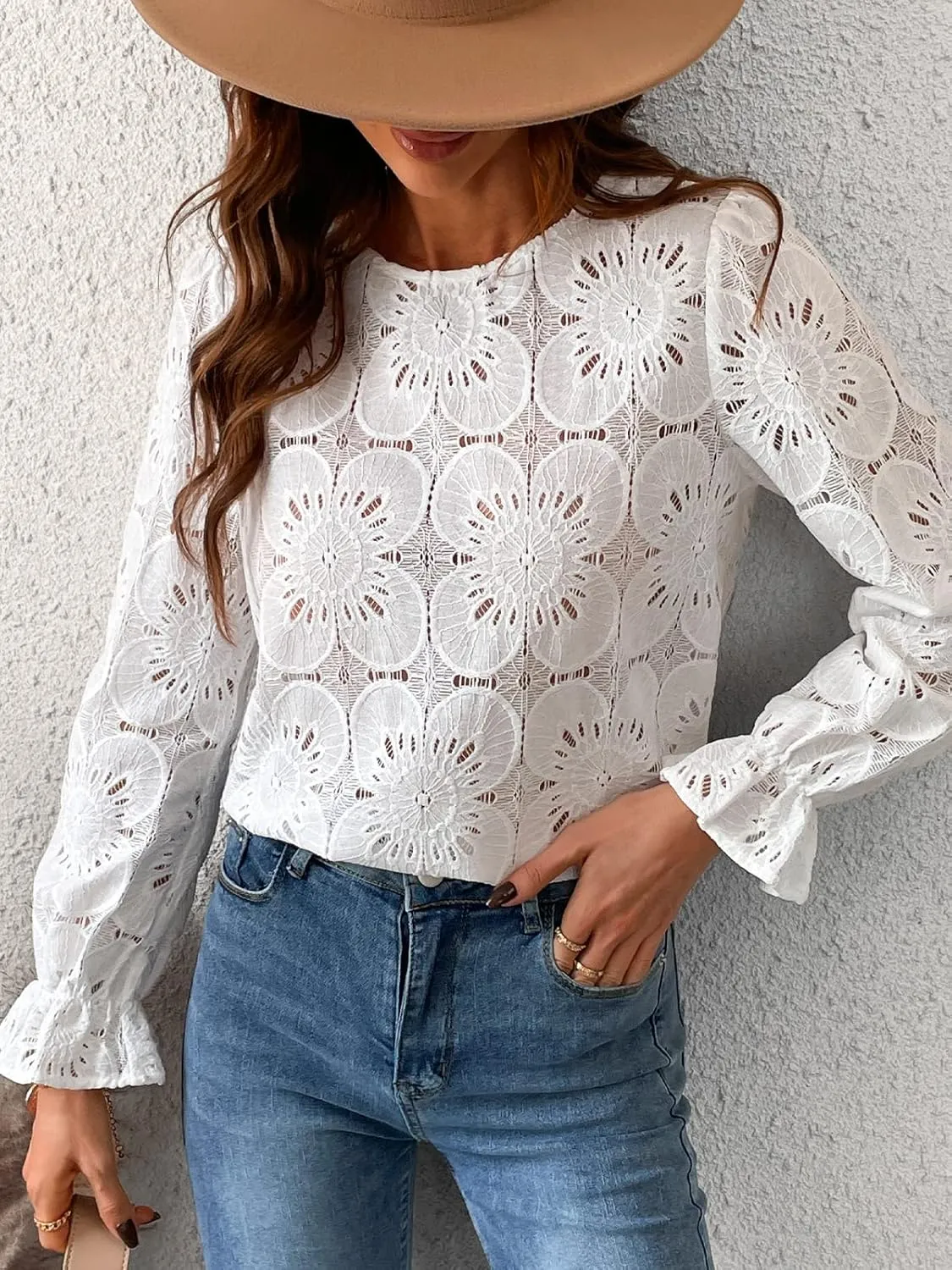 CUPSHE Women Eyelet Long Sleeve Tops Shirts Dressy Hollow Out Crochet Lace Embroidered Blouses 2025 Fashion