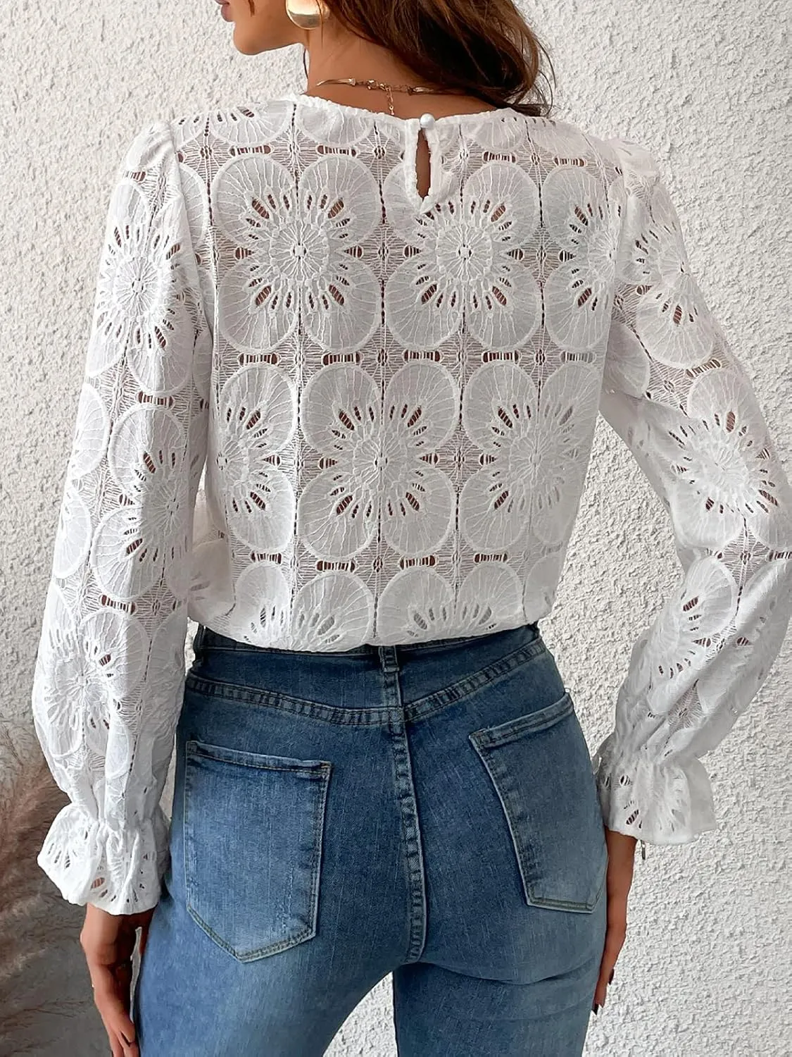 CUPSHE Women Eyelet Long Sleeve Tops Shirts Dressy Hollow Out Crochet Lace Embroidered Blouses 2025 Fashion