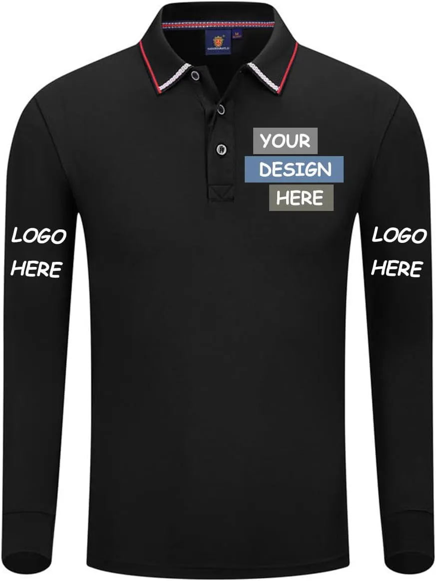 Custom Polo Shirts Design Your Own Long Sleeve Polo Shirt Personalized with Logo/Text/Image(Black, M)