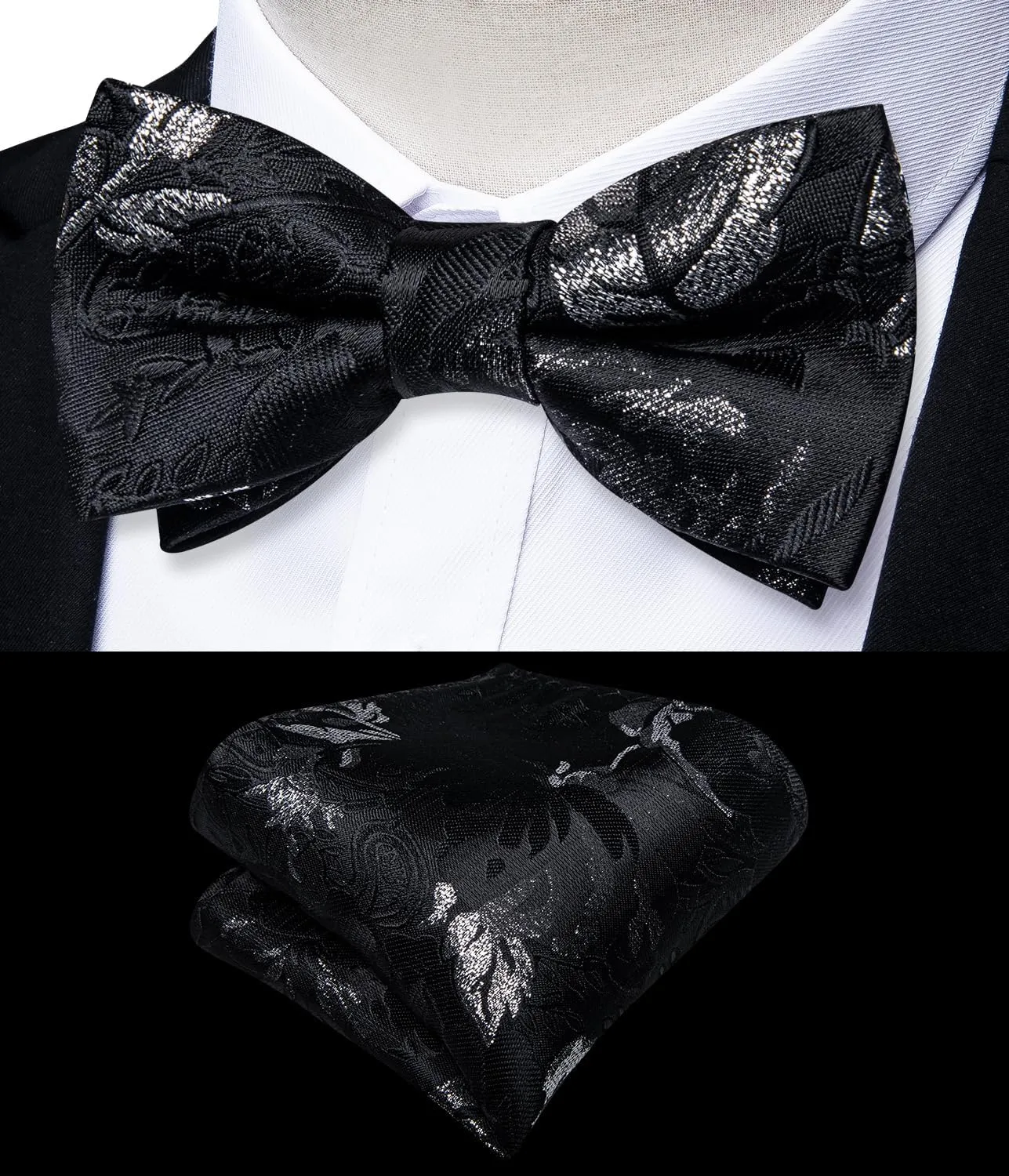 DiBanGu 2PCS Father and Son Bow Tie Silk Mens and Boys Pre-tied Bowtie & Pocket Square Cufflinks Set Kids Adjustable Bow Tie