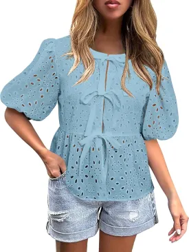 FARORO Women's Summer Dressy Casual Tops Short Puff Sleeve Babydoll Peplum Blouse Bow Tie Front Hollow Out Lace Shirts