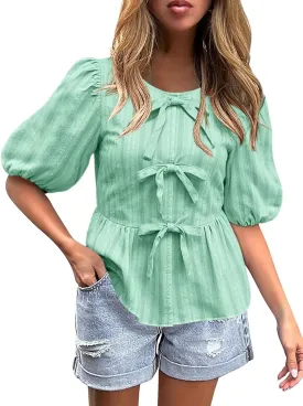 FARORO Women's Summer Dressy Casual Tops Short Puff Sleeve Babydoll Peplum Blouse Bow Tie Front Hollow Out Lace Shirts