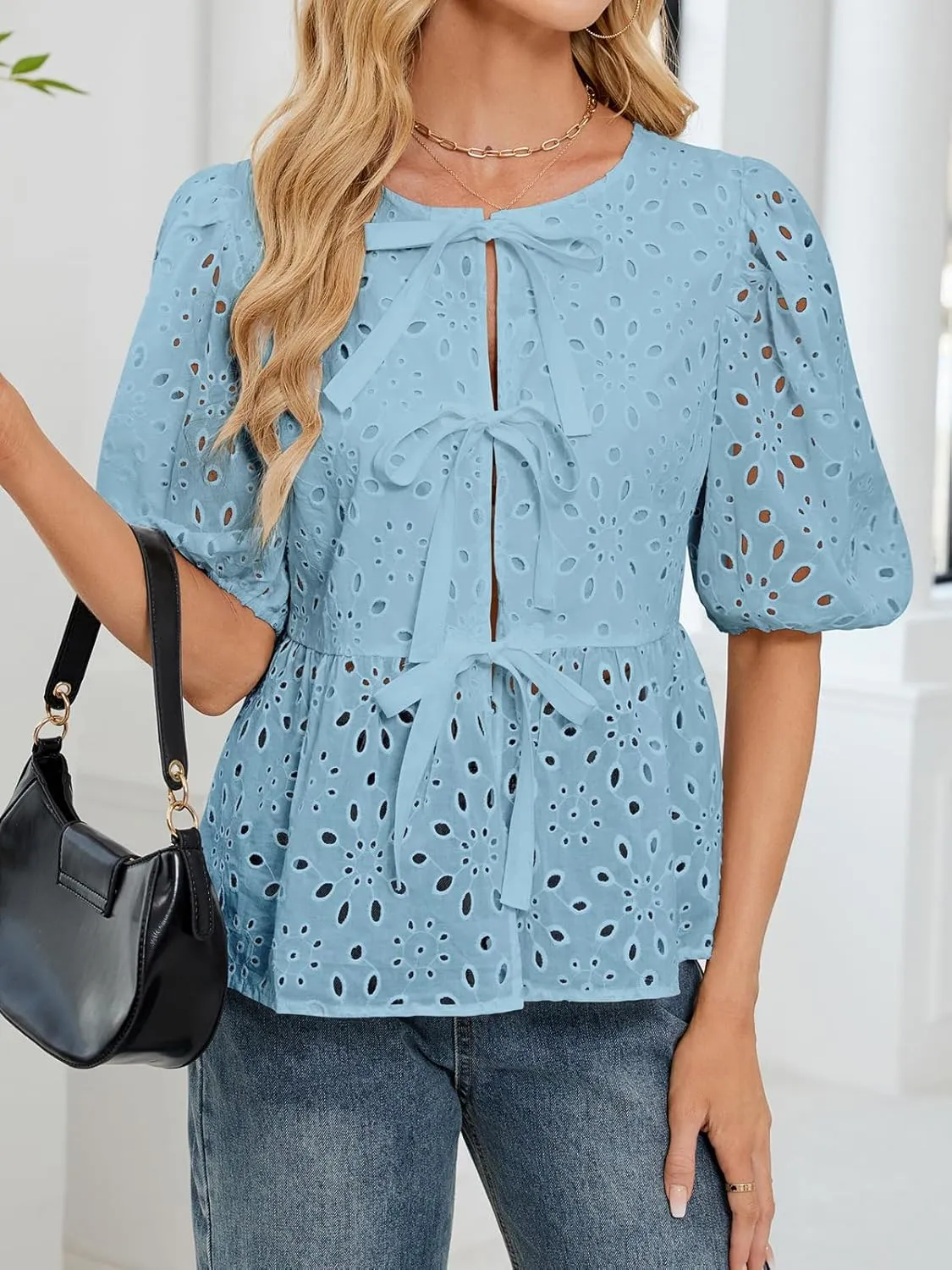 FARORO Women's Summer Dressy Casual Tops Short Puff Sleeve Babydoll Peplum Blouse Bow Tie Front Hollow Out Lace Shirts