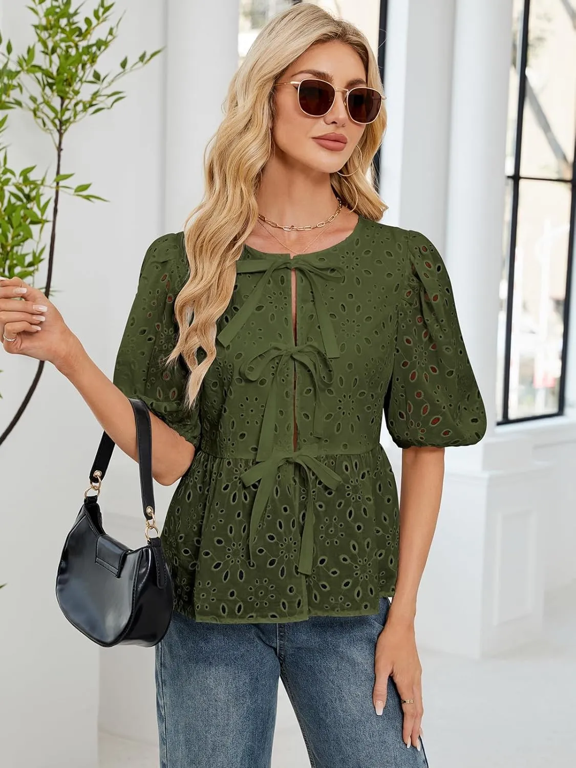 FARORO Women's Summer Dressy Casual Tops Short Puff Sleeve Babydoll Peplum Blouse Bow Tie Front Hollow Out Lace Shirts