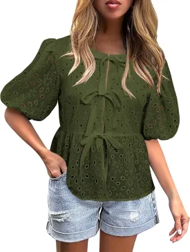 FARORO Women's Summer Dressy Casual Tops Short Puff Sleeve Babydoll Peplum Blouse Bow Tie Front Hollow Out Lace Shirts