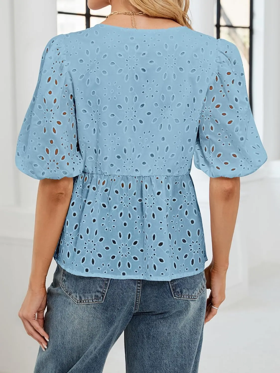FARORO Women's Summer Dressy Casual Tops Short Puff Sleeve Babydoll Peplum Blouse Bow Tie Front Hollow Out Lace Shirts