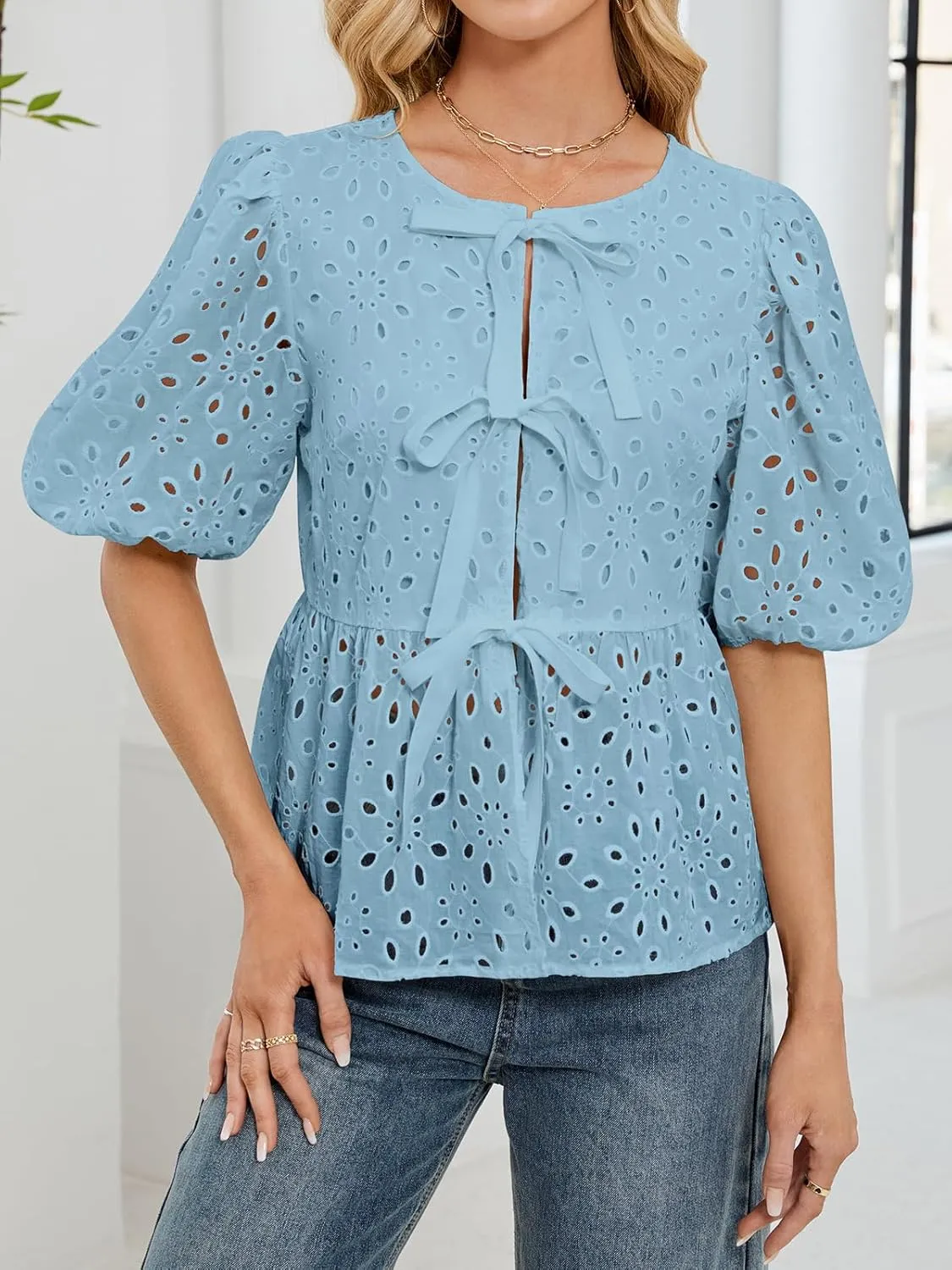 FARORO Women's Summer Dressy Casual Tops Short Puff Sleeve Babydoll Peplum Blouse Bow Tie Front Hollow Out Lace Shirts