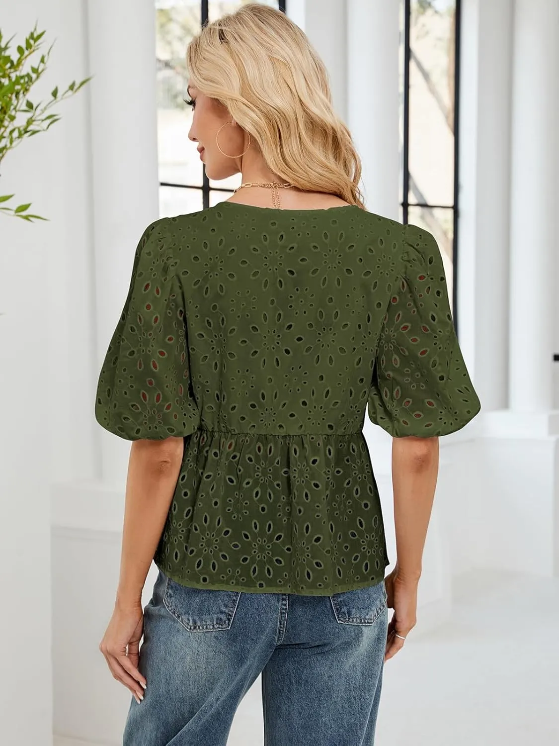 FARORO Women's Summer Dressy Casual Tops Short Puff Sleeve Babydoll Peplum Blouse Bow Tie Front Hollow Out Lace Shirts