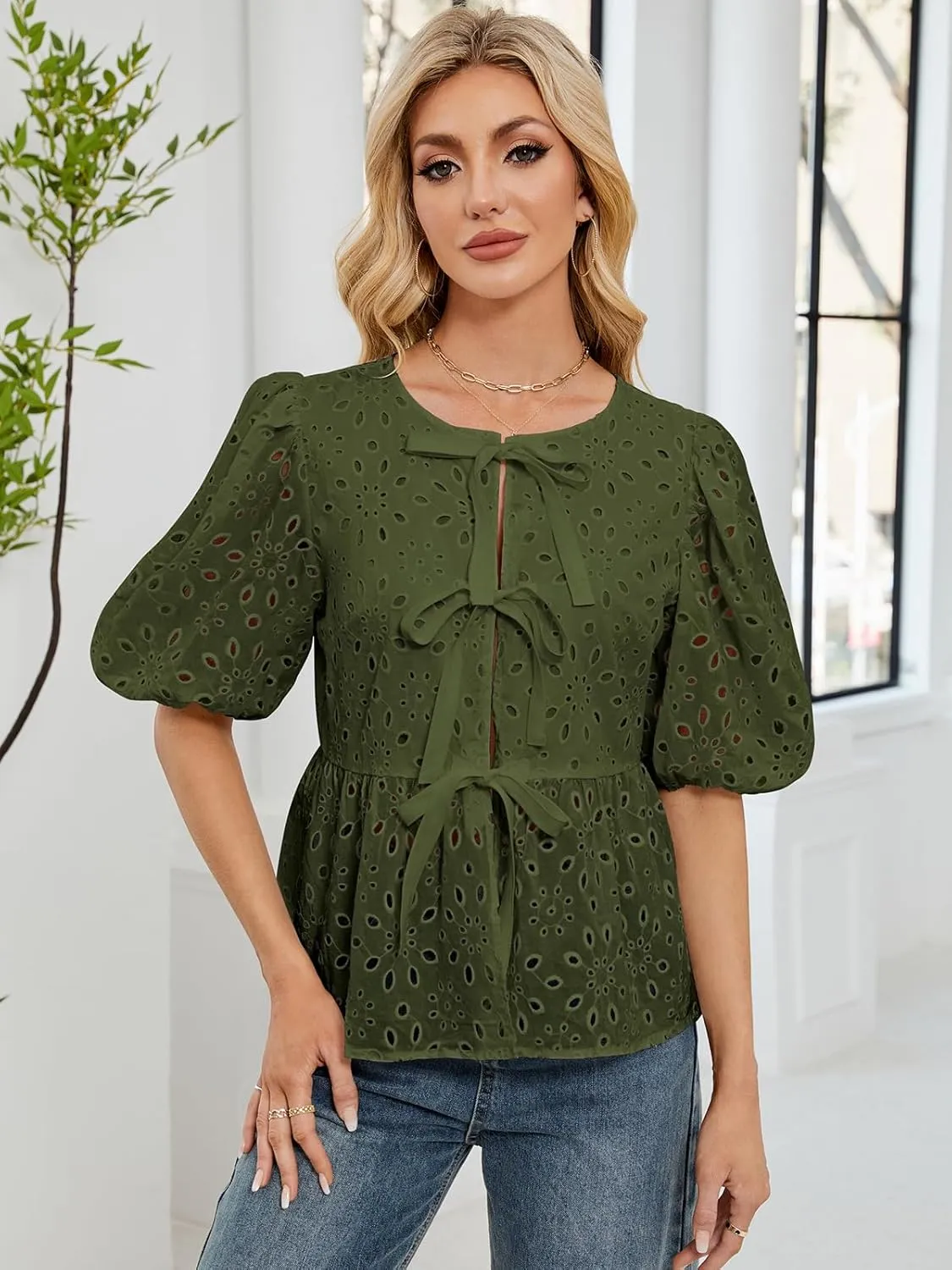 FARORO Women's Summer Dressy Casual Tops Short Puff Sleeve Babydoll Peplum Blouse Bow Tie Front Hollow Out Lace Shirts