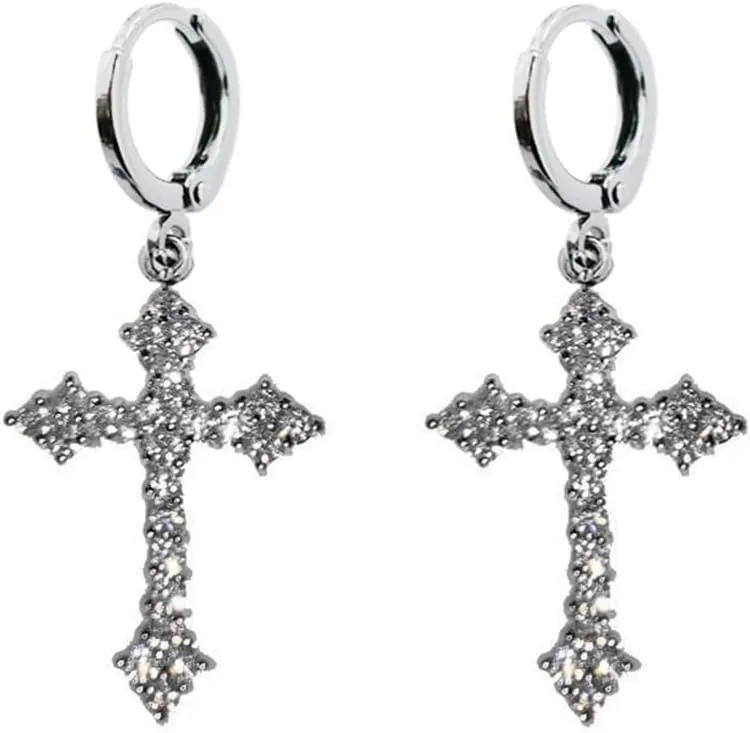 Fashion CZ Cross Dangle Earrings for Women Hypoallergenic Crystal Charms Drop Dangling Huggie Small Hoop Cartilage Cuff Dainty Punk Faith Jewelry Gifts for Prayer