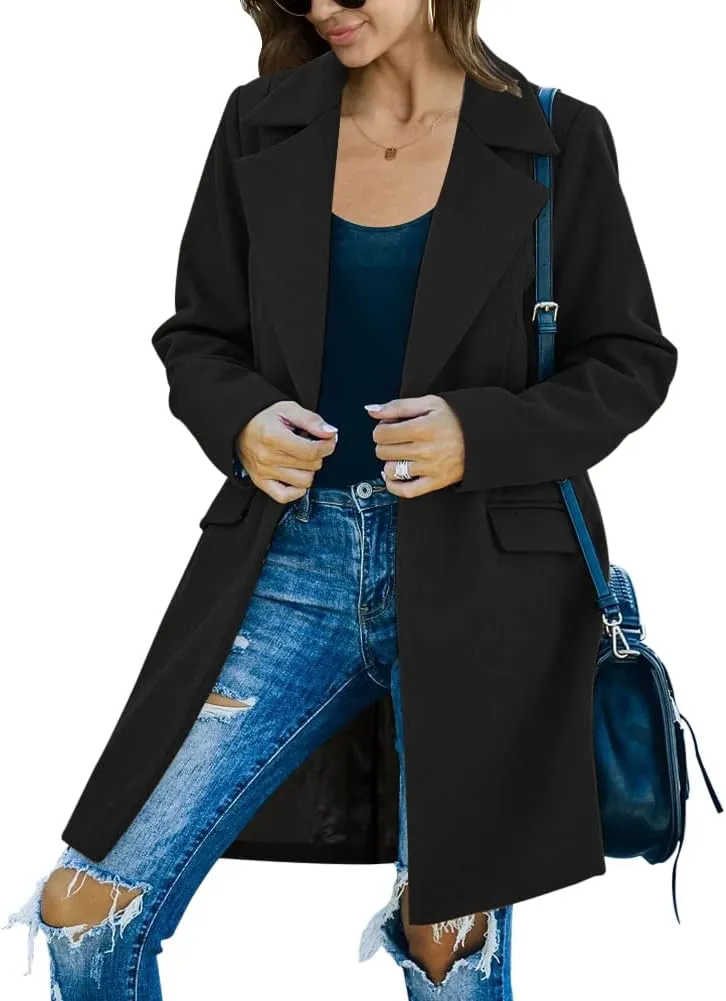 Fazortev Womens Long Sleeve Wool Blend Pea Coat Lapel Notched Collar Warm Midi Casual Jacket Overcoat