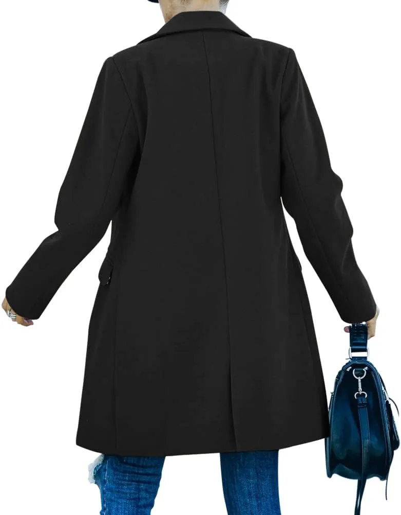 Fazortev Womens Long Sleeve Wool Blend Pea Coat Lapel Notched Collar Warm Midi Casual Jacket Overcoat
