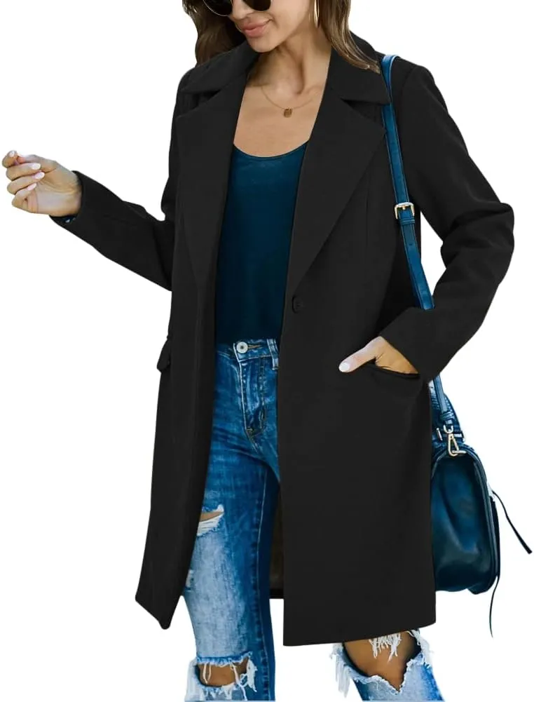 Fazortev Womens Long Sleeve Wool Blend Pea Coat Lapel Notched Collar Warm Midi Casual Jacket Overcoat