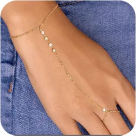 Gold Hand Chain Bracelet Ring Bracelet, 14K Gold Plated Finger Ring Bracelet Zircon Pearl Bead Satellite Hand Chain for Women Trendy Jewelry Non Tarnish Gold Ring Hand Bracelet