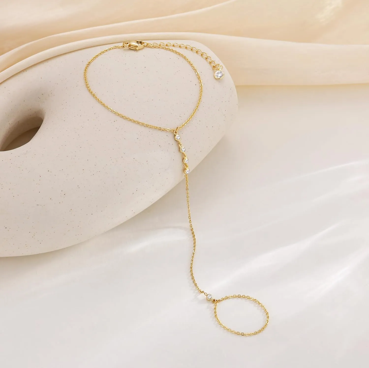 Gold Hand Chain Bracelet Ring Bracelet, 14K Gold Plated Finger Ring Bracelet Zircon Pearl Bead Satellite Hand Chain for Women Trendy Jewelry Non Tarnish Gold Ring Hand Bracelet