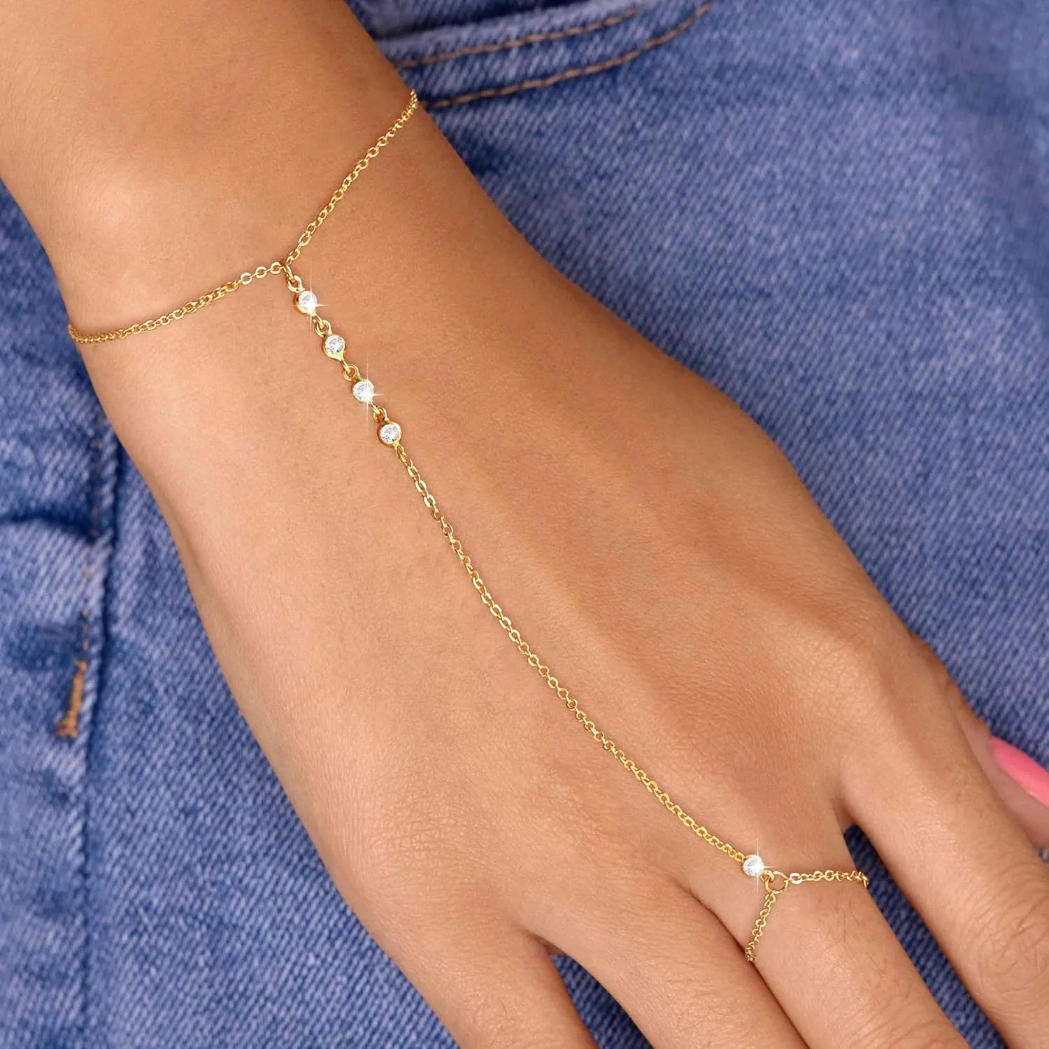 Gold Hand Chain Bracelet Ring Bracelet, 14K Gold Plated Finger Ring Bracelet Zircon Pearl Bead Satellite Hand Chain for Women Trendy Jewelry Non Tarnish Gold Ring Hand Bracelet