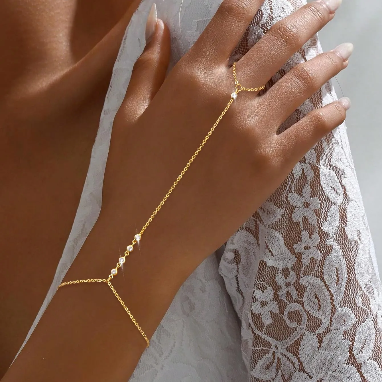 Gold Hand Chain Bracelet Ring Bracelet, 14K Gold Plated Finger Ring Bracelet Zircon Pearl Bead Satellite Hand Chain for Women Trendy Jewelry Non Tarnish Gold Ring Hand Bracelet